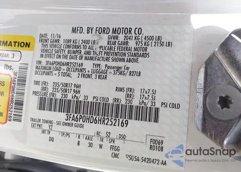 2017 Ford Fusion Se z USA, uszkodzony, nr VIN 3FA6P0HD6HR252169